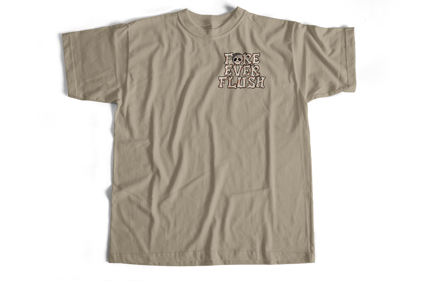Beige t-shirt with text on a white background