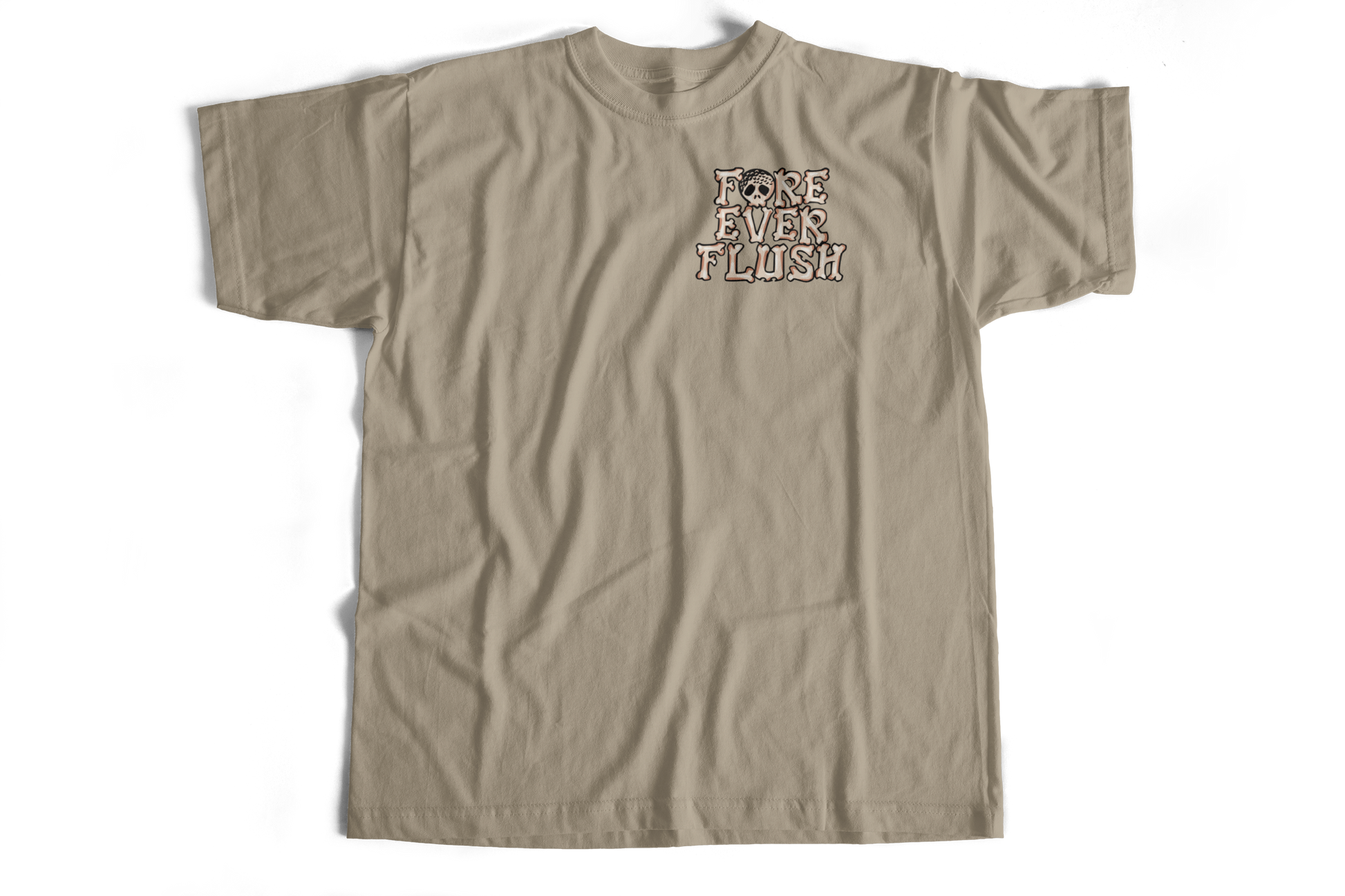 Beige t-shirt with text on a white background