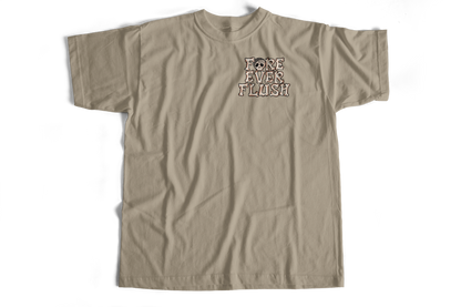 Beige t-shirt with text on a white background