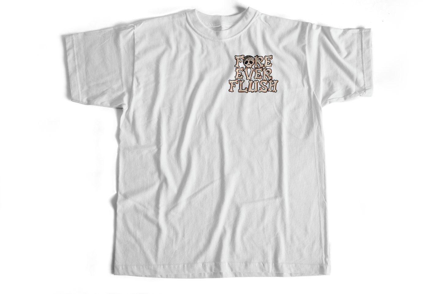 White t-shirt with text design on a white background
