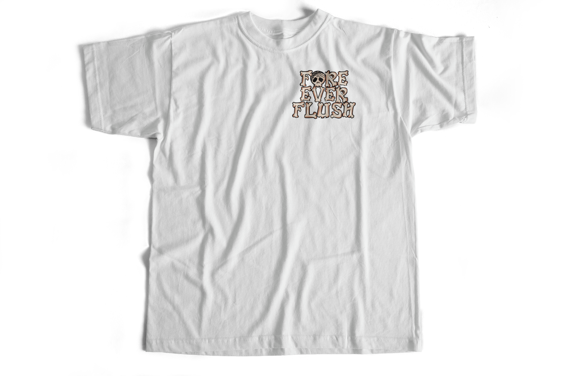 White t-shirt with text design on a white background