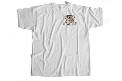 White t-shirt with text design on a white background