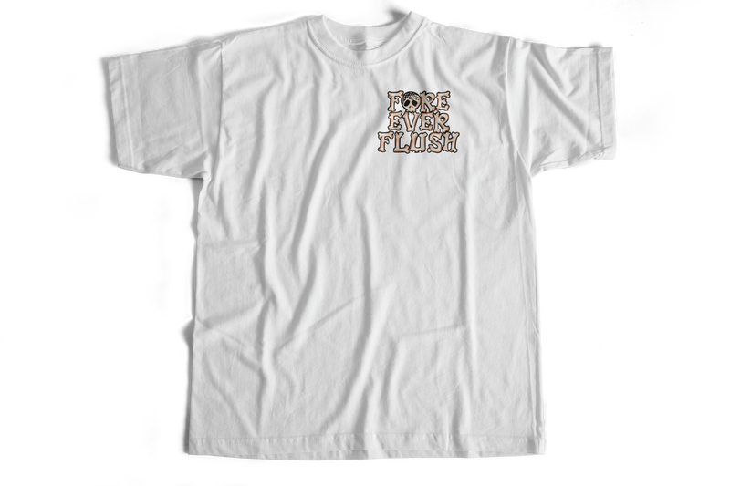 White t-shirt with text design on a white background