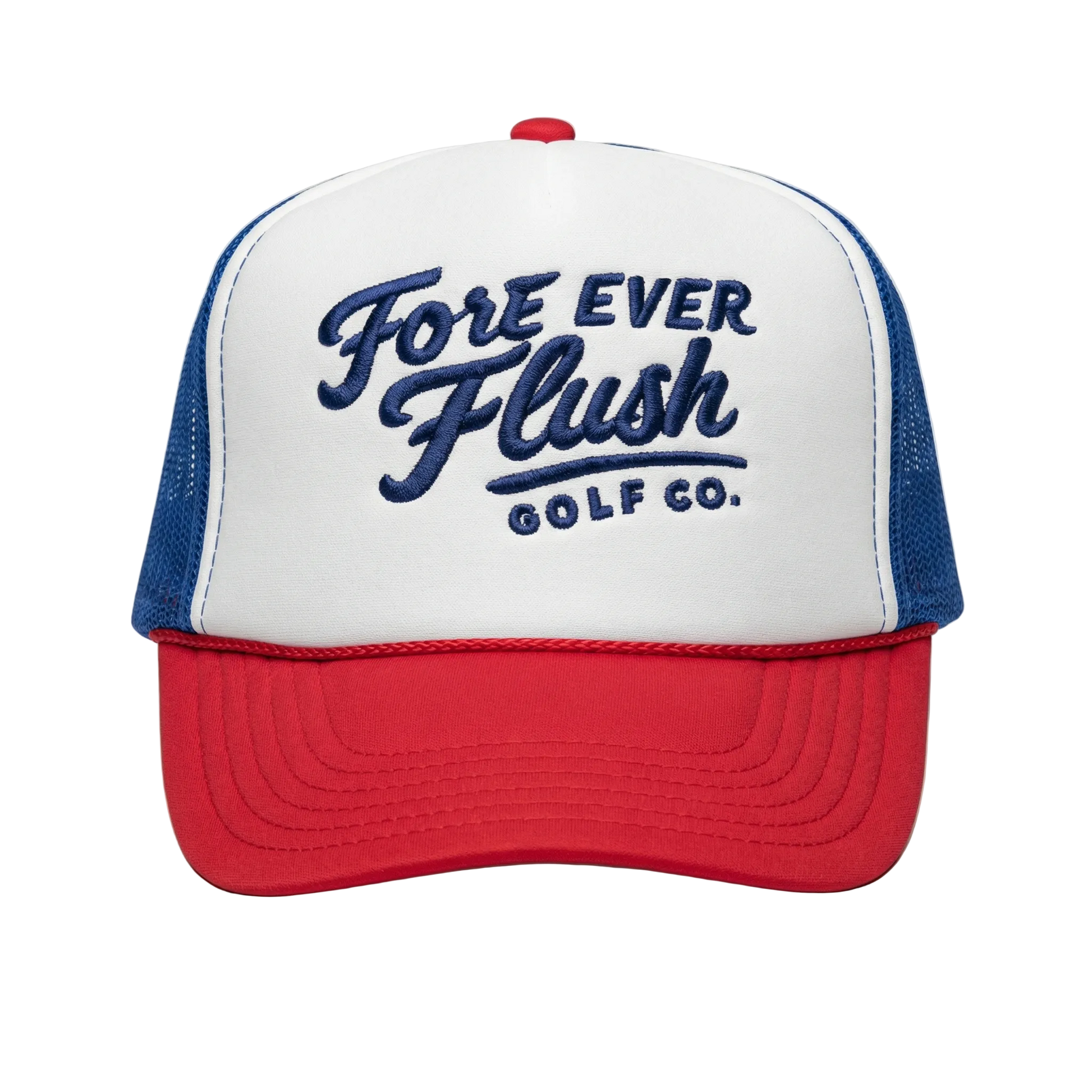 Trucker hat with 'Fore Ever Flush Golf Co.' text on a gray background