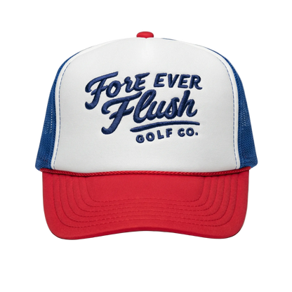 Trucker hat with 'Fore Ever Flush Golf Co.' text on a gray background