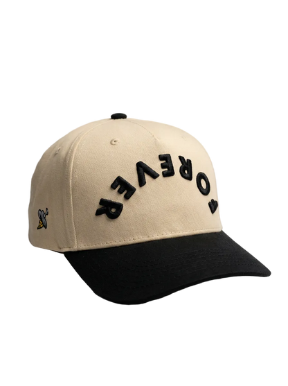 Beige and black cap with 'Forever' branding on a light gray background