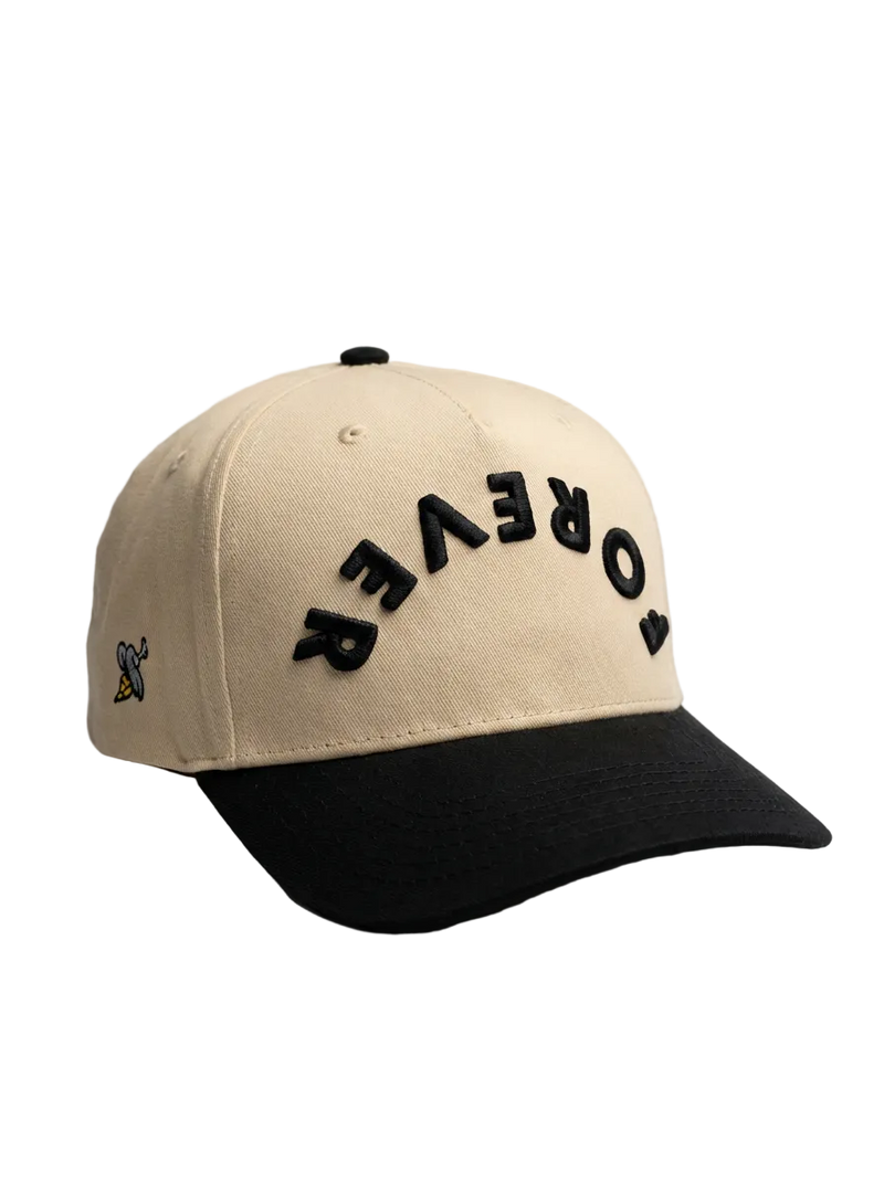 Beige and black cap with 'Forever' branding on a light gray background