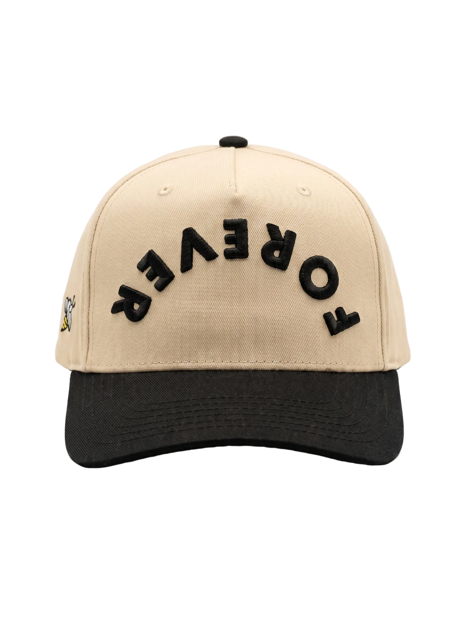 Beige and black cap with 'FOREVER' text on a white background