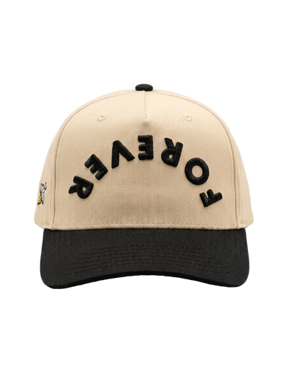 Beige and black cap with 'FOREVER' text on a white background