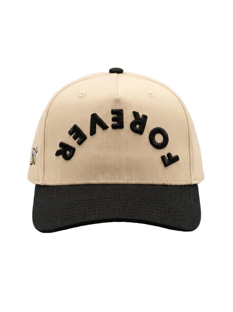 Beige and black cap with 'FOREVER' text on a white background
