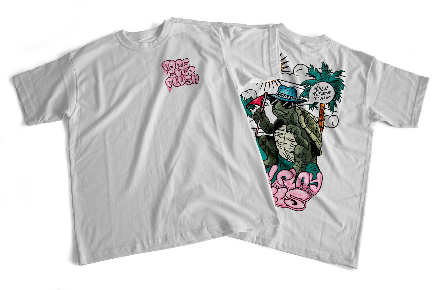 A white crew neck t-shirt with a graphic print of a turtle in a sun hat and sunglasses, playing a game of golf, and the text 'SLOW PLAY KILLS' below it.