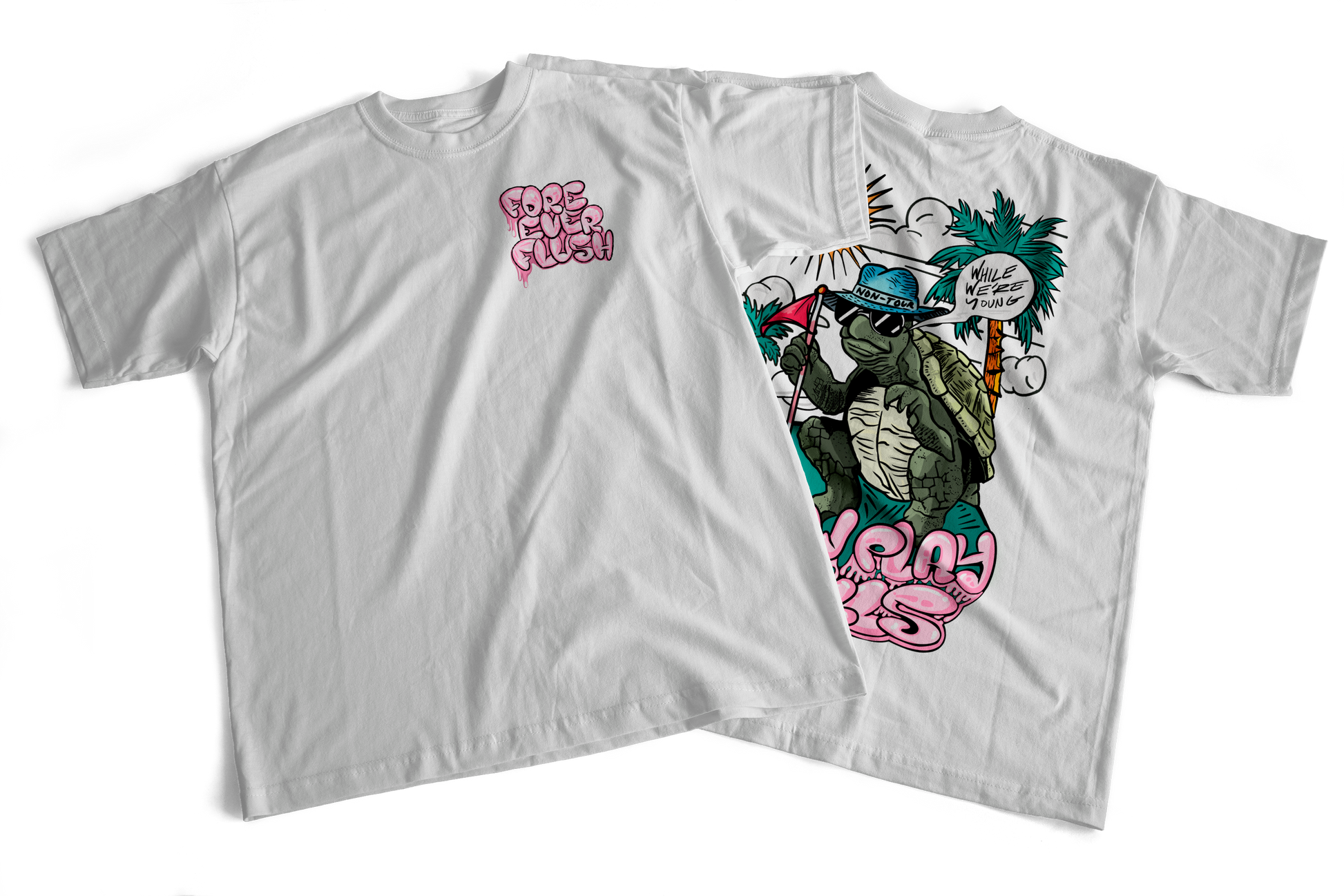 A white crew neck t-shirt with a graphic print of a turtle in a sun hat and sunglasses, playing a game of golf, and the text 'SLOW PLAY KILLS' below it.