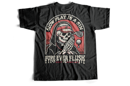 Black t-shirt with a graphic design featuring a skeleton and text on a white background