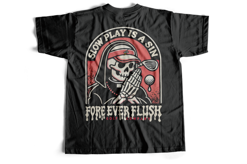 Black t-shirt with a graphic design featuring a skeleton and text on a white background