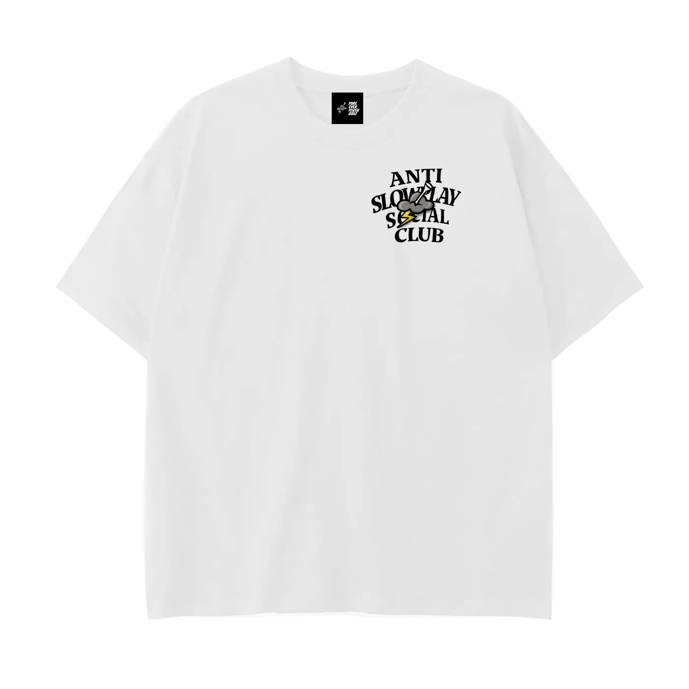 White t-shirt with black text and logo on a white background