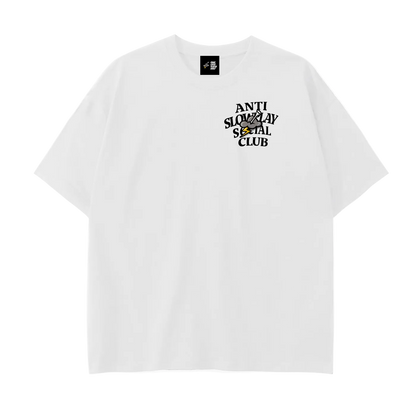 White t-shirt with black text and logo on a white background