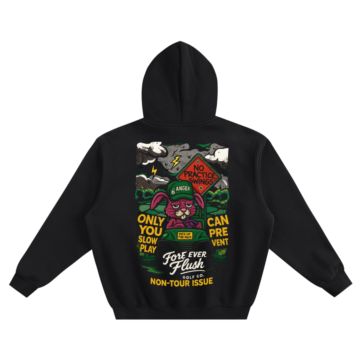 Black hoodie with colorful graphic design on the back against a white background