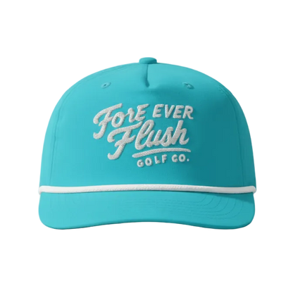 Turquoise cap with 'Fore Ever Flush Golf Co.' text on a light gray background