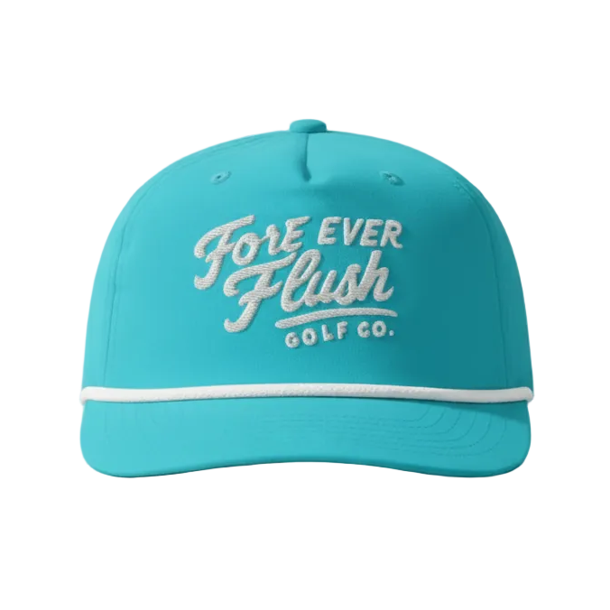 Turquoise cap with 'Fore Ever Flush Golf Co.' text on a light gray background