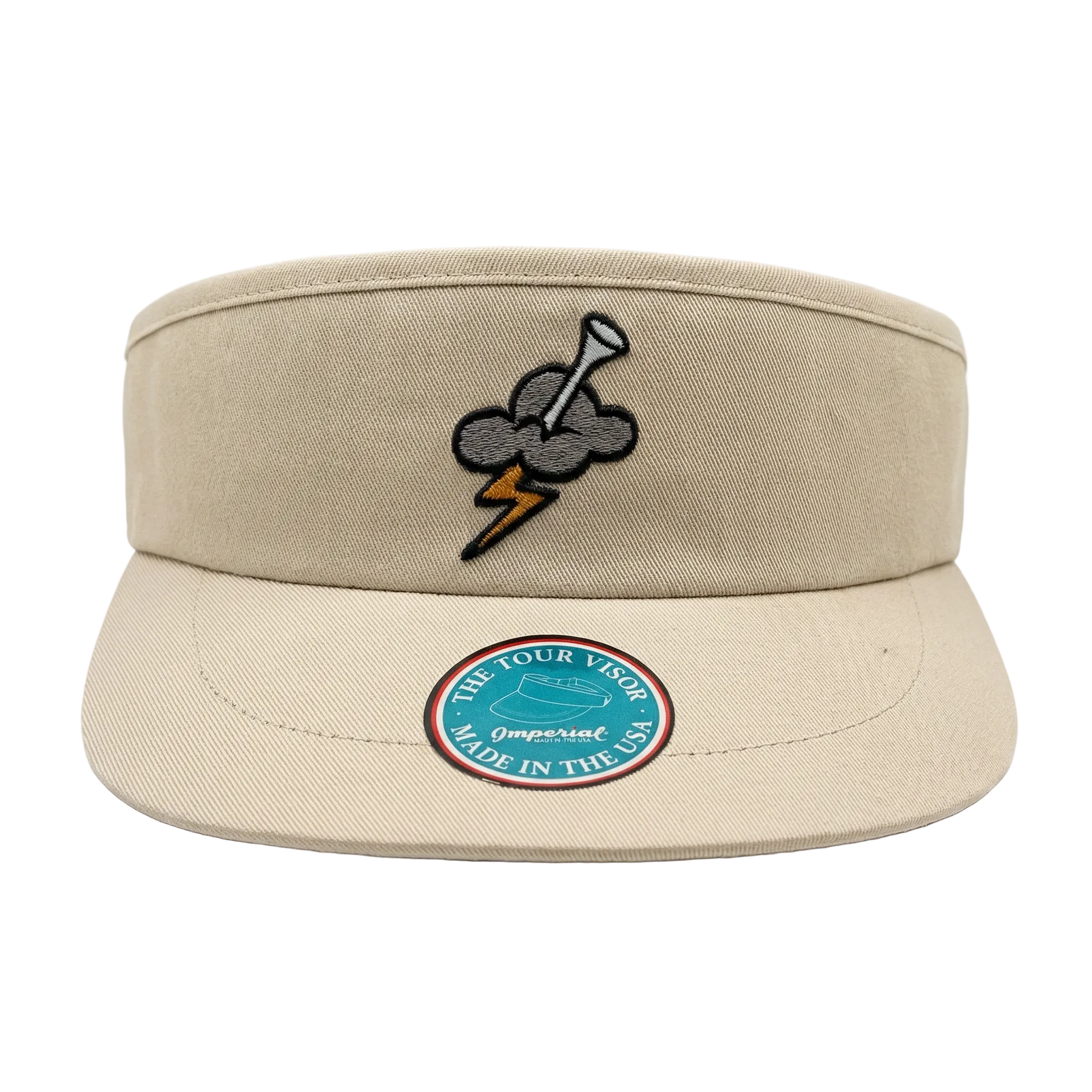 Beige visor cap with embroidered design and Imperial logo on a white background