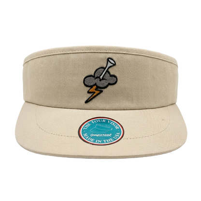 Beige visor cap with embroidered design and Imperial logo on a white background