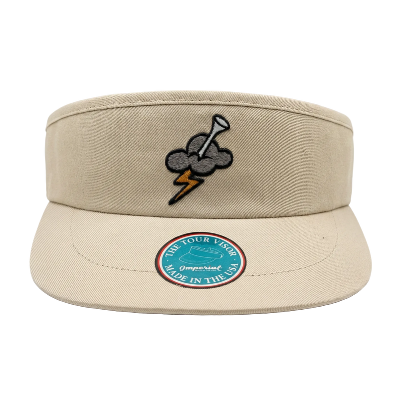 Beige visor cap with embroidered design and Imperial logo on a white background