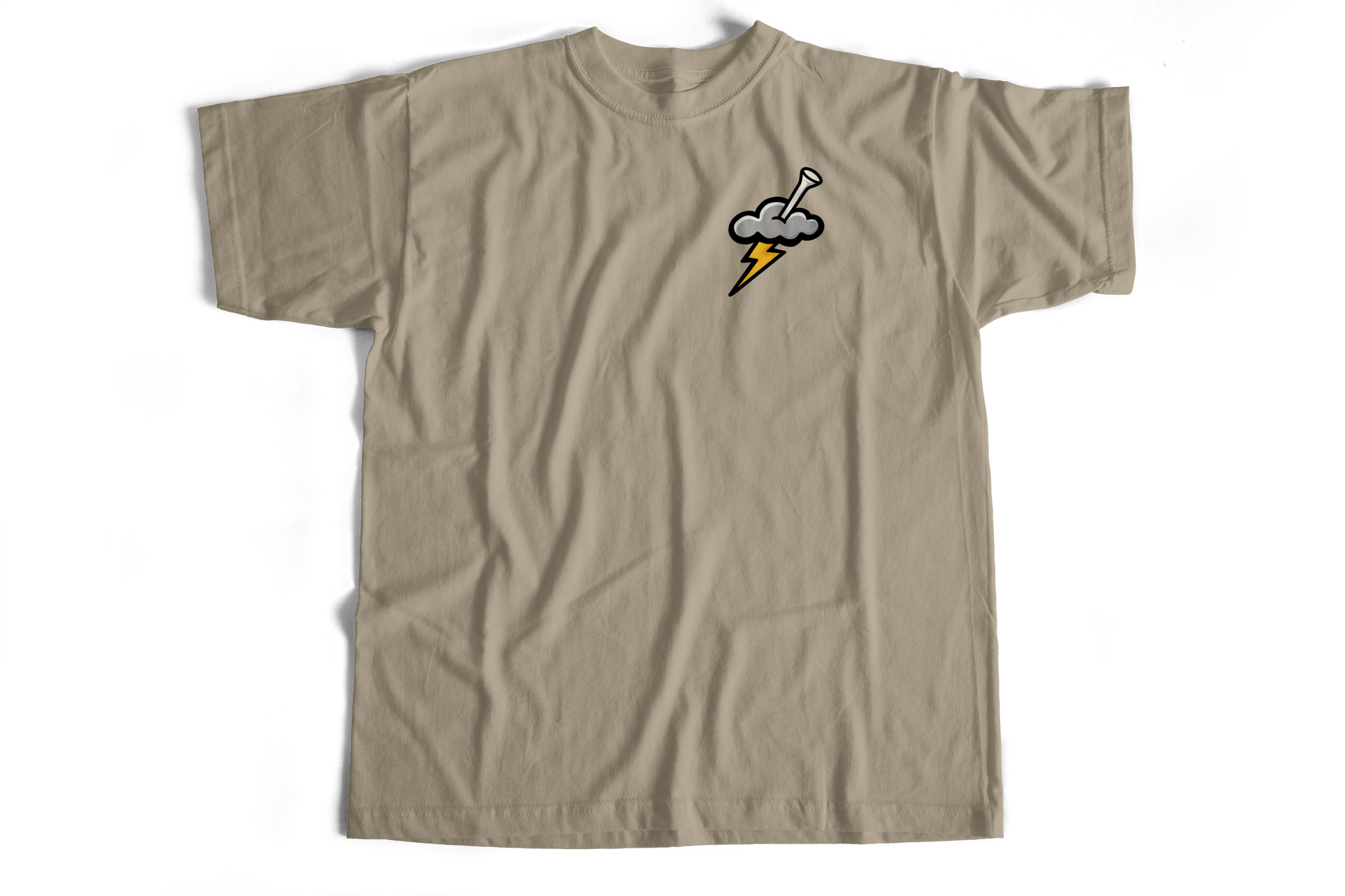 Beige t-shirt with a graphic design on a white background
