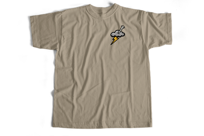 Beige t-shirt with a graphic design on a white background