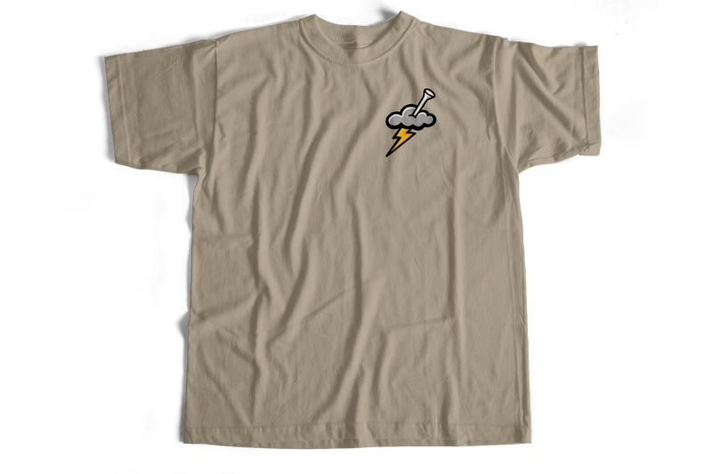 Beige t-shirt with a graphic design on a white background