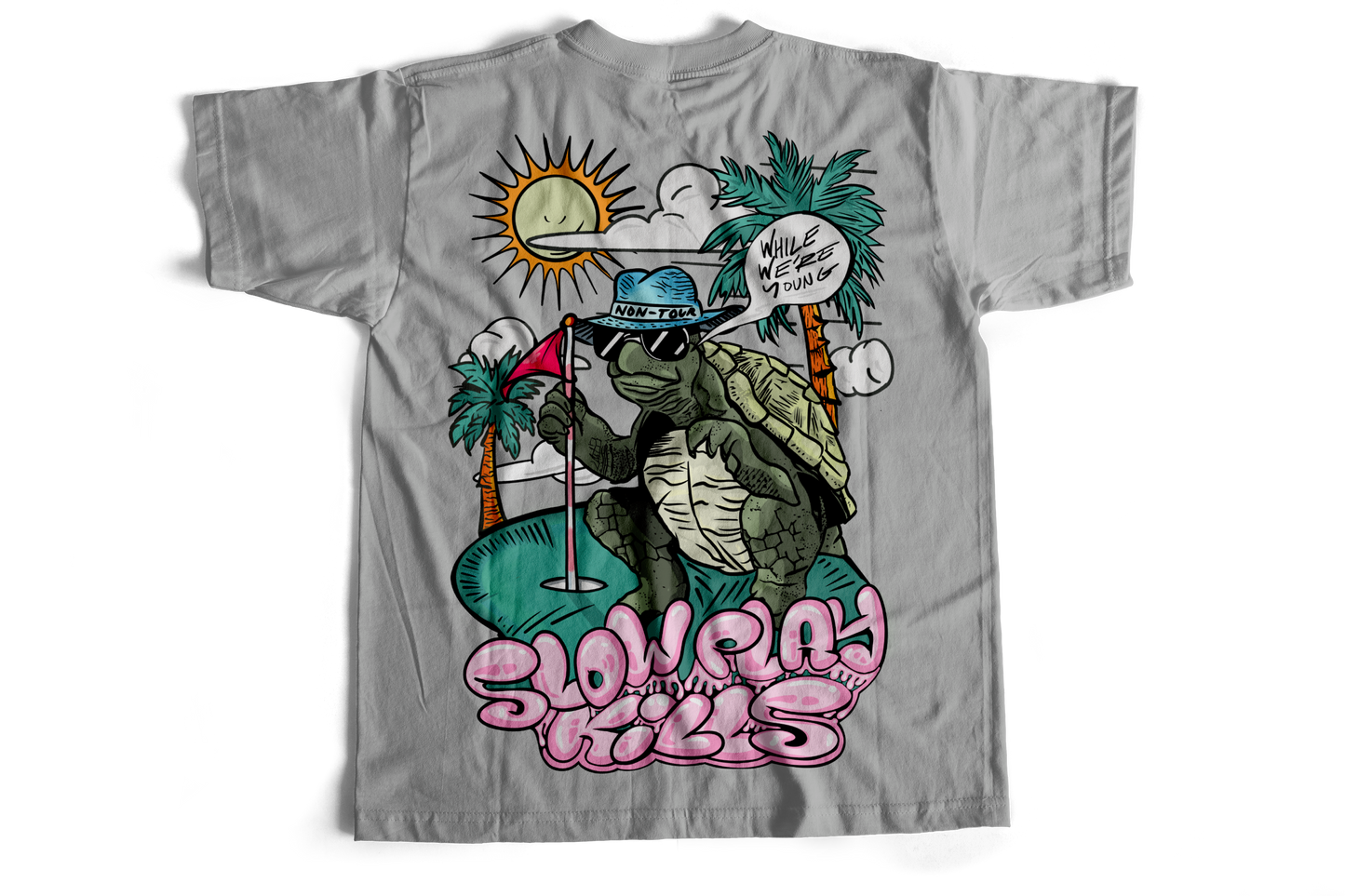 Gray t-shirt with a graphic of a turtle playing golf on a beach, featuring text and palm trees.
