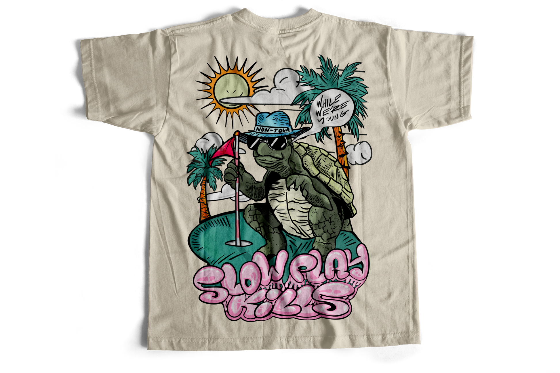 Beige t-shirt with a graphic of a turtle wearing sunglasses and a hat, with palm trees and text on a white background.